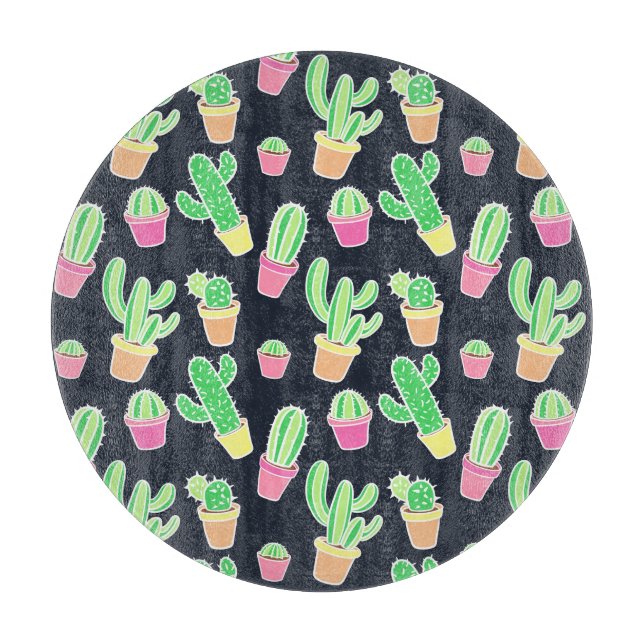 Neon Watercolor Cacti in Pots Pattern Cutting Board (Front)
