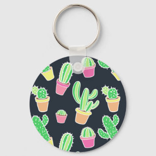 Neon Watercolor Cacti in Pots Pattern Key Ring