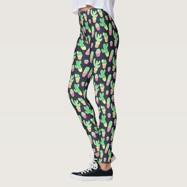 Neon Watercolor Cacti in Pots Pattern Leggings (Left)