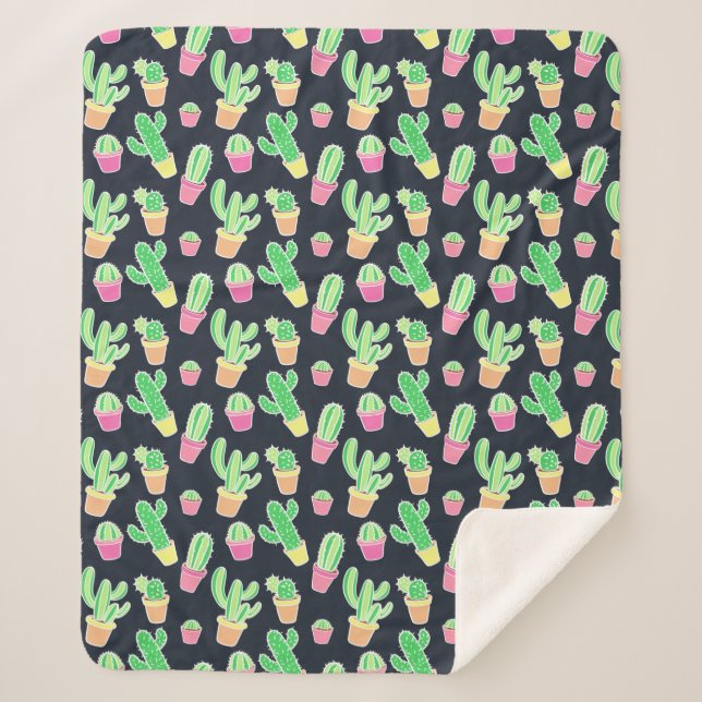 Neon Watercolor Cacti in Pots Pattern Sherpa Blanket (Front)