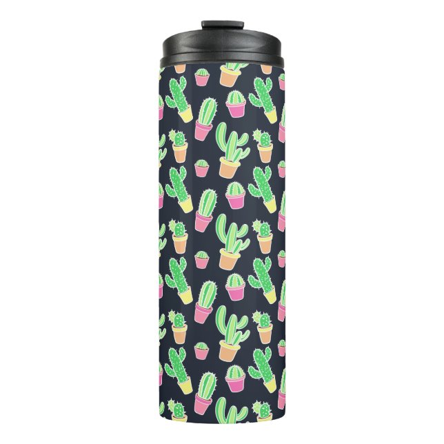 Neon Watercolor Cacti in Pots Pattern Thermal Tumbler (Front)