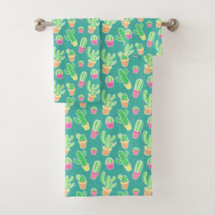 Neon Watercolor Cactus In Pots Pattern Bath Towel Set