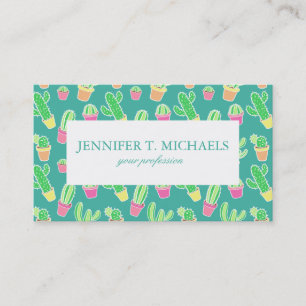 Neon Watercolor Cactus In Pots Pattern Business Card