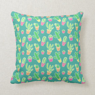Neon Watercolor Cactus In Pots Pattern Cushion