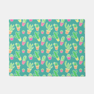Neon Watercolor Cactus In Pots Pattern Doormat