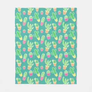Neon Watercolor Cactus In Pots Pattern Fleece Blanket