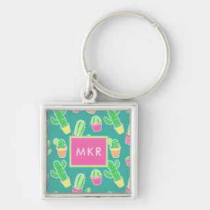 Neon Watercolor Cactus In Pots Pattern Key Ring