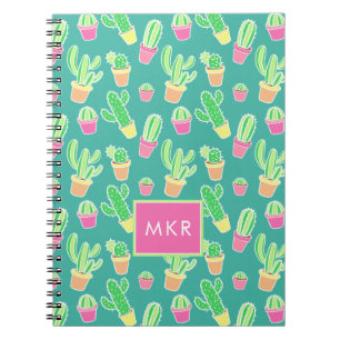 Neon Watercolor Cactus In Pots Pattern Notebook