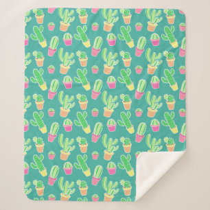 Neon Watercolor Cactus In Pots Pattern Sherpa Blanket