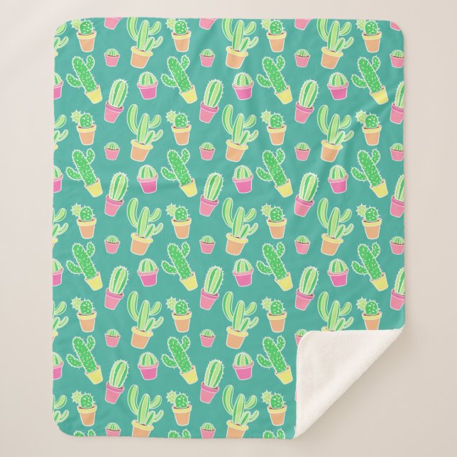 Neon Watercolor Cactus In Pots Pattern Sherpa Blanket (Front)