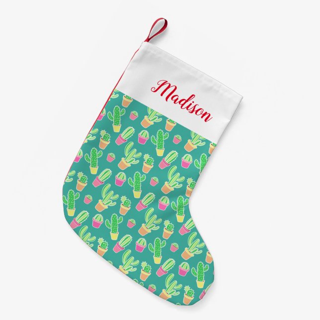 Neon Watercolor Cactus In Pots Pattern Small Christmas Stocking (Front (Hanging))