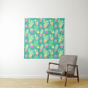 Neon Watercolor Cactus In Pots Pattern Tapestry