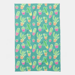 Neon Watercolor Cactus In Pots Pattern Tea Towel