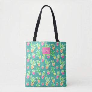 Neon Watercolor Cactus In Pots Pattern Tote Bag