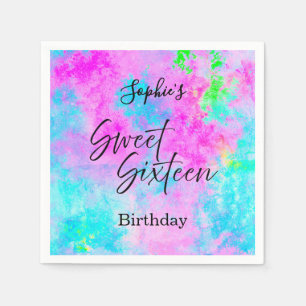 Neon Watercolor Sweet Sixteen Party Napkin