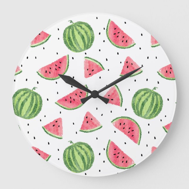 Neon Watercolor Watermelons Pattern Large Clock (Front)