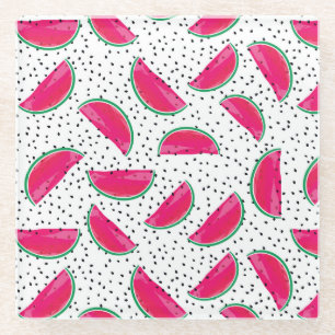 Neon Watermelon on Seeds Pattern Glass Coaster