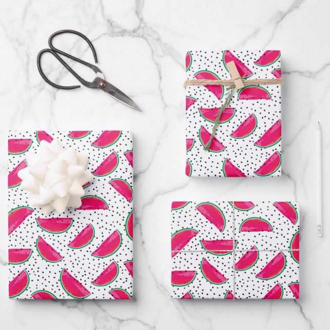 Neon Watermelon on Seeds Pattern Wrapping Paper Sheet (Front)