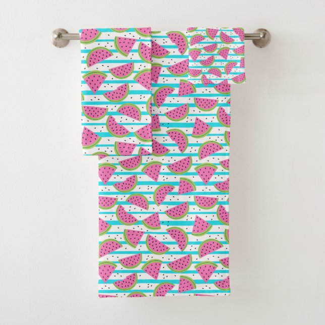 Neon Watermelon on Stripes Pattern Bath Towel Set (Insitu)