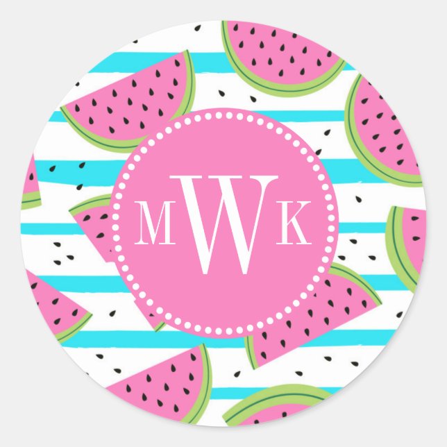Neon Watermelon on Stripes Pattern Classic Round Sticker (Front)