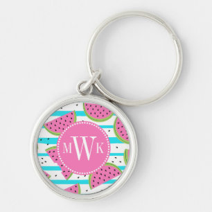 Neon Watermelon on Stripes Pattern Key Ring