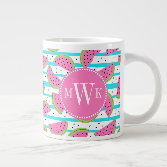 Neon Watermelon on Stripes Pattern Large Coffee Mug (Right)