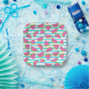 Neon Watermelon on Stripes Pattern Paper Plate