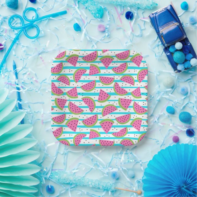 Neon Watermelon on Stripes Pattern Paper Plate (Party)