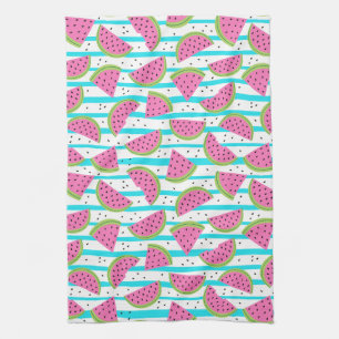 Neon Watermelon on Stripes Pattern Tea Towel