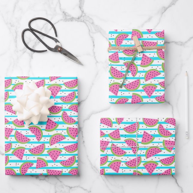Neon Watermelon on Stripes Pattern Wrapping Paper Sheet (Front)