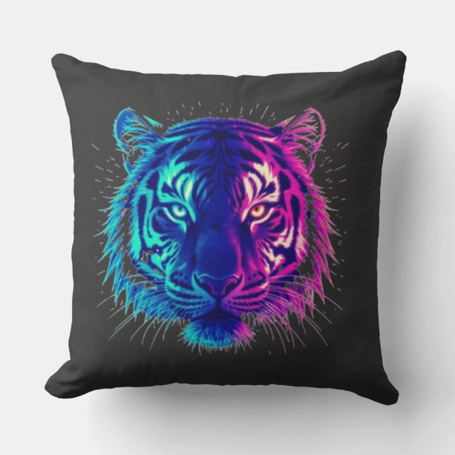 Neon White Tiger – Glowing Cyberpunk Wildlife Art Cushion (Front)