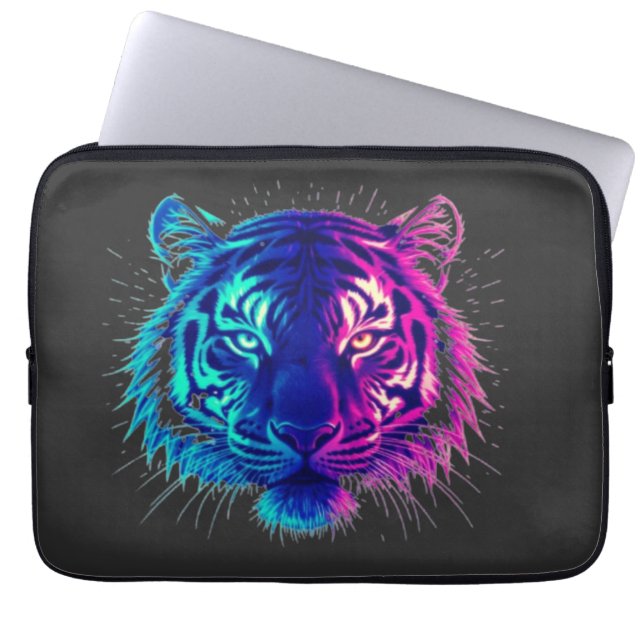 Neon White Tiger – Glowing Cyberpunk Wildlife Art Laptop Sleeve (Front)