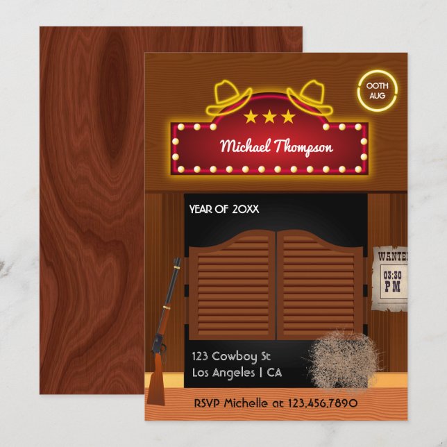 Neon Wild West Cowboy themed Graduation Party Invi Invitation (Front/Back)