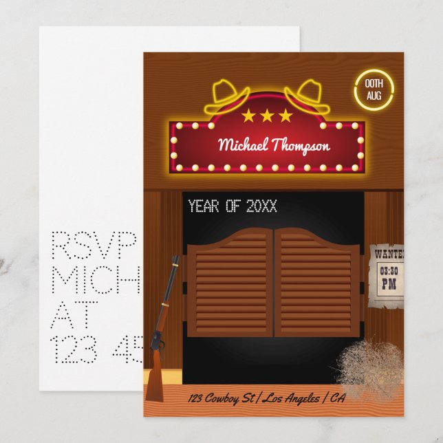 Neon Wild West Cowboy themed Graduation Party Invi Invitation (Front/Back)