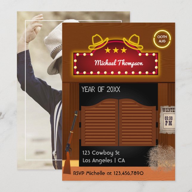 Neon Wild West Cowboy themed Graduation Party Invitation (Front/Back)