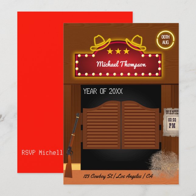 Neon Wild West Cowboy themed Graduation Party Invitation (Front/Back)