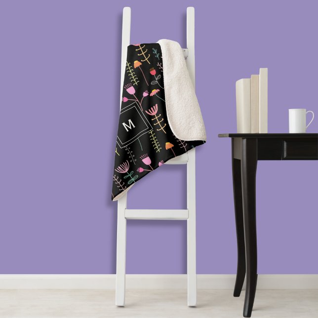 Neon Wildflowers on Black, monogrammed  Sherpa Blanket (Creator Uploaded)