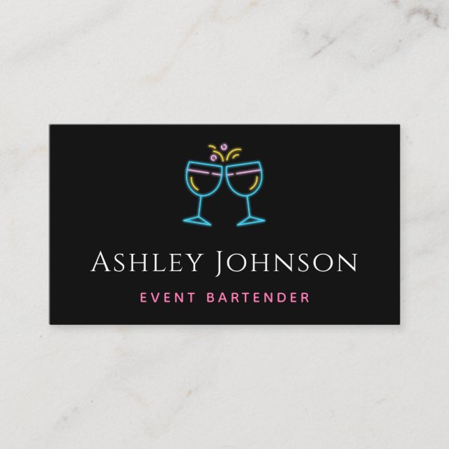 Neon Wine Cocktail Glasses Event Bartender Black   Business Card (Front)