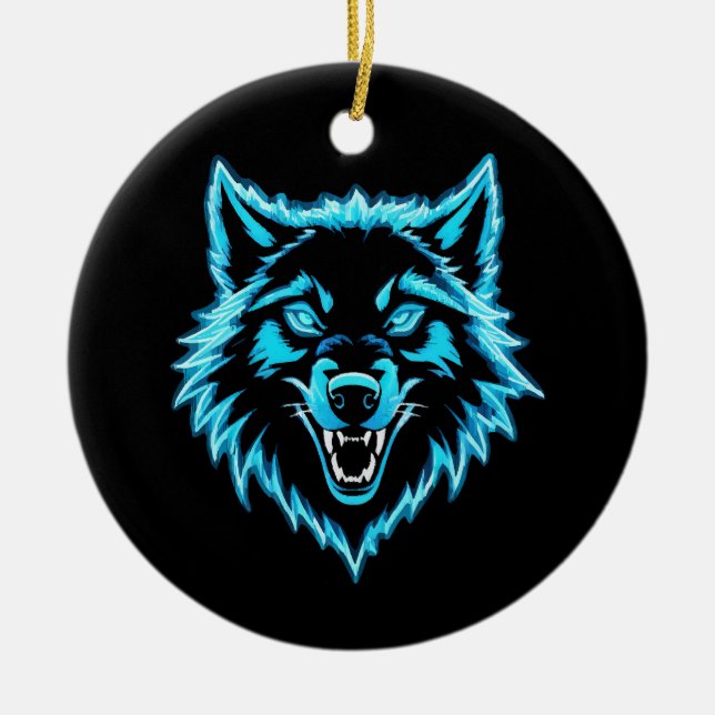Neon Wolf Ceramic Tree Decoration (Front)