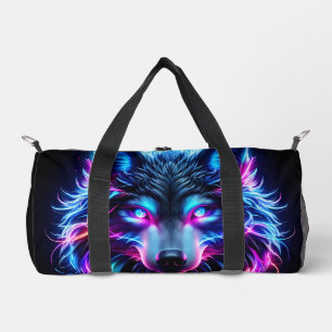 Neon Wolf Glowing Eyes Cyberpunk Futuristic Animal Duffle Bag