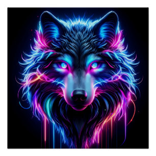 Neon Wolf Glowing Eyes Cyberpunk Futuristic Animal Poster