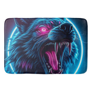 Neon Wolf Horror Glowing Eyes Dark Fantasy Animal Bath Mat
