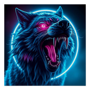 Neon Wolf Horror Glowing Eyes Dark Fantasy Animal Poster