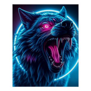 Neon Wolf Horror Glowing Eyes Dark Fantasy Animal Poster