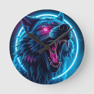 Neon Wolf Horror Glowing Eyes Dark Fantasy Animal Round Clock