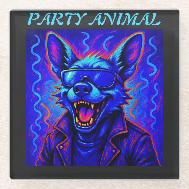 Neon wolf Party Animal – Colorful Retro Graphic Glass Coaster (Front)