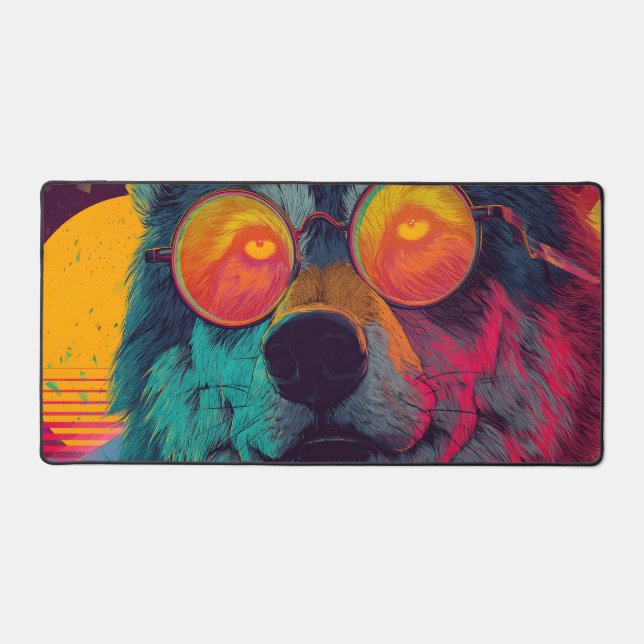 Neon Wolf with Glasses – Retro Synthwave Art Desk Mat (Front)
