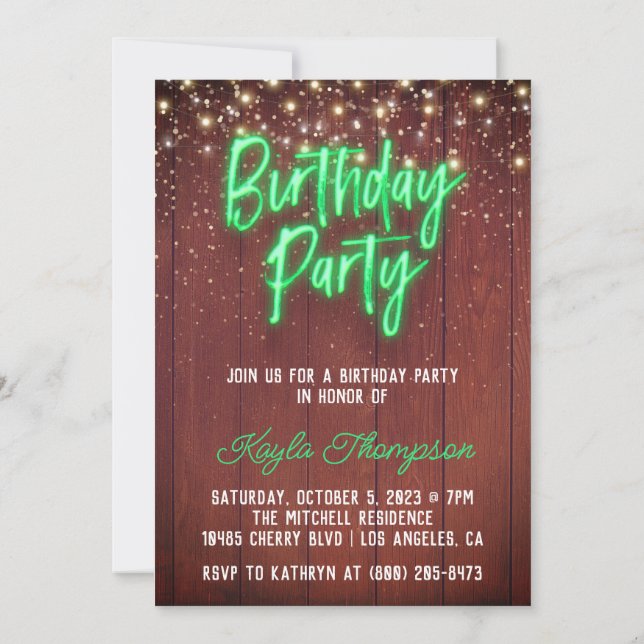 Neon Wooden Wall Birthday Party Invitation (Back)