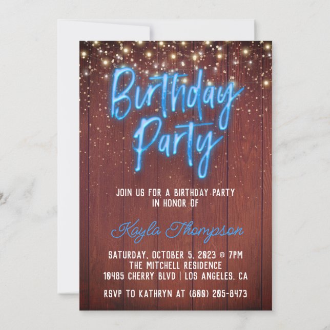 Neon Wooden Wall Birthday Party Invitation (Back)
