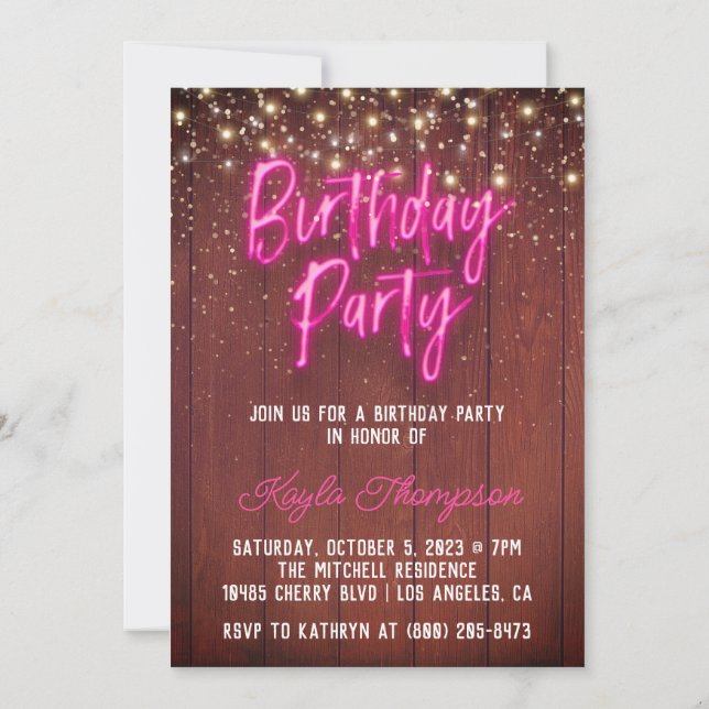 Neon Wooden Wall Birthday Party Invitation (Back)